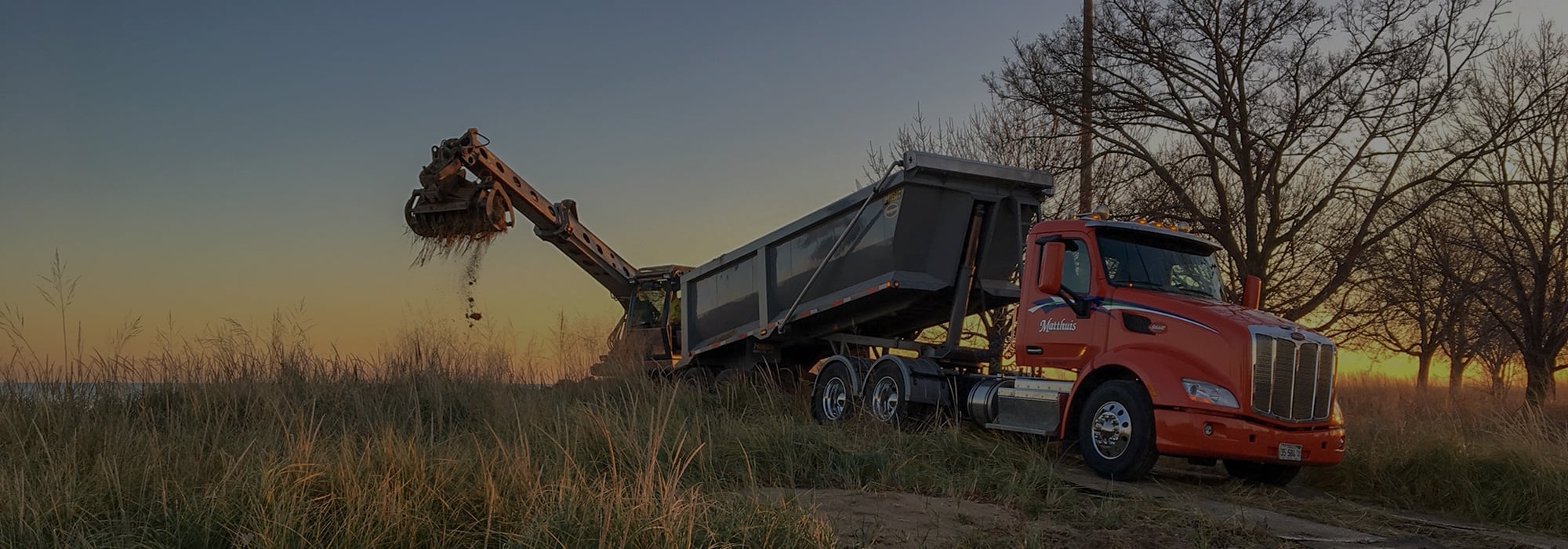 Excavator loading six-wheel dump truck